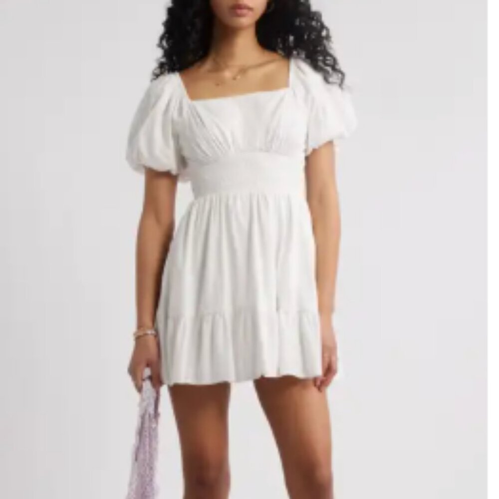 BP. Women's White Puff Sleeve Tiered Cotton Prairie Baby Doll Dress Coquette L